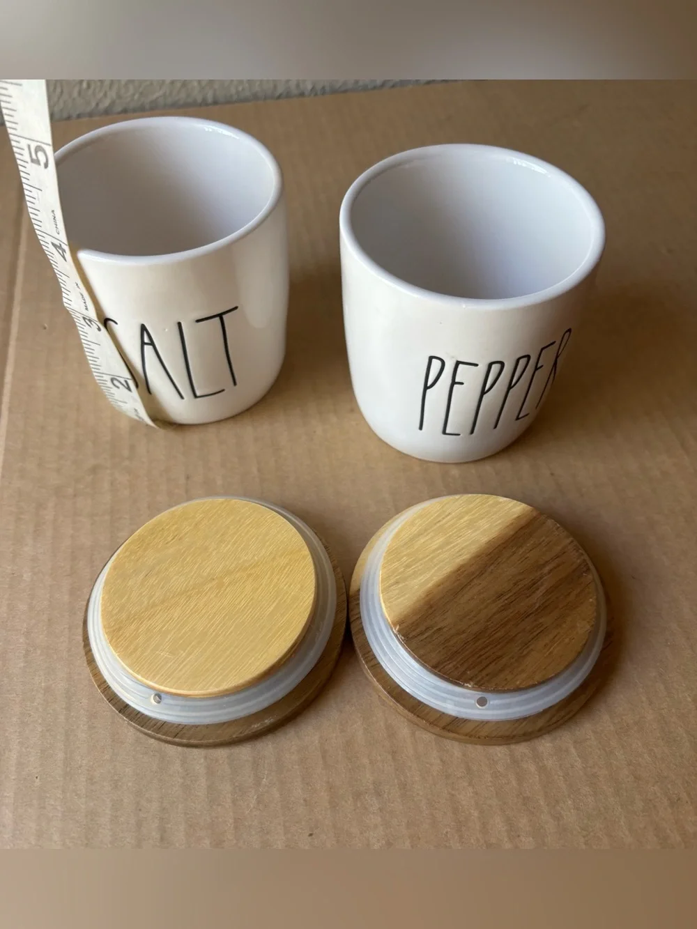 Rae Dunn Salt and Pepper Ceramic Canisters with Wooden Lids - White